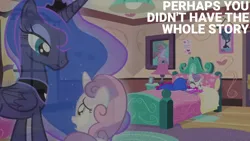 Size: 1920x1080 | Tagged: safe, derpibooru import, edit, edited screencap, editor:quoterific, screencap, princess luna, sweetie belle, alicorn, pony, unicorn, for whom the sweetie belle toils, image, png, puddle