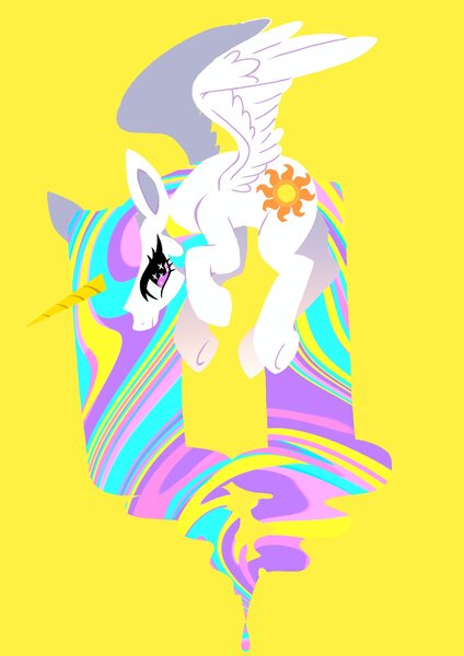 Size: 1448x2048 | Tagged: safe, artist:stacy_165cut, derpibooru import, princess celestia, alicorn, pony, abstract art, female, image, jpeg, mare, melting, modern art, simple background, solo, underhoof, yellow background