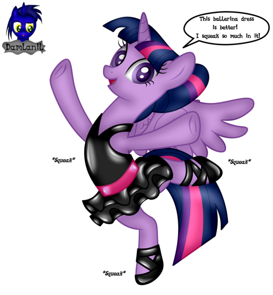 Size: 3840x4154 | Tagged: safe, artist:damlanil, derpibooru import, twilight sparkle, twilight sparkle (alicorn), alicorn, pony, alternate hairstyle, ballerina, ballet slippers, belly button, bipedal, clothes, comic, costume, cute, dancing, female, frog (hoof), horn, image, latex, latex suit, looking at you, mare, onomatopoeia, png, raised hoof, rubber, shiny, show accurate, simple background, smiling, solo, speech bubble, spread wings, standing, standing on one leg, stretching, suit, text, transparent background, tutu, twiabetes, twilarina, underhoof, vector, wings