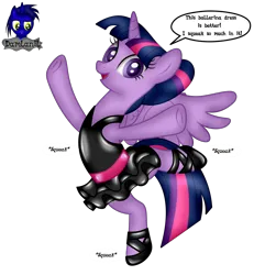 Size: 3840x4154 | Tagged: safe, artist:damlanil, derpibooru import, twilight sparkle, twilight sparkle (alicorn), alicorn, pony, alternate hairstyle, ballerina, ballet slippers, belly button, bipedal, clothes, comic, costume, cute, dancing, female, frog (hoof), horn, image, latex, latex suit, looking at you, mare, onomatopoeia, png, raised hoof, rubber, shiny, show accurate, simple background, smiling, solo, speech bubble, spread wings, standing, standing on one leg, stretching, suit, text, transparent background, tutu, twiabetes, twilarina, underhoof, vector, wings