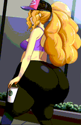 Size: 840x1286 | Tagged: suggestive, alternate version, artist:chigusa, adagio dazzle, human, equestria girls, adagio dat-azzle, animated, ass, bangs, baseball cap, bottom heavy, breasts, bubble butt, butt, cap, clothes, coffee, coffee cup, cup, gif, hat, huge butt, humanized, image, jiggling, large butt, pants, ponytail, side view, sideboob, solo, sports bra, thighs, thunder thighs, tight clothing, walking, yoga pants