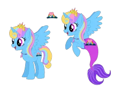 Size: 840x621 | Tagged: safe, artist:selenaede, artist:user15432, derpibooru import, oc, oc:rainbow seaheart, alicorn, mermaid, merpony, pony, base used, crown, cutie mark, fins, image, jewelry, mermaid tail, mermaidized, merpony oc, multicolored hair, necklace, open mouth, open smile, png, rainbow hair, rainbow tail, regalia, seashell necklace, simple background, species swap, transparent background