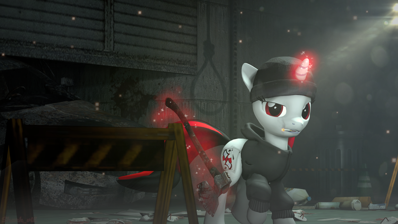 Size: 1920x1080 | Tagged: safe, artist:shark_vil, derpibooru import, oc, oc:blackjack, unofficial characters only, fallout equestria, fallout equestria: project horizons, 3d, axe, barricade, car, cigarette, clothes, fanfic art, hat, hoodie, horn, image, magic, magic aura, png, red eyes, source filmmaker, weapon, white body
