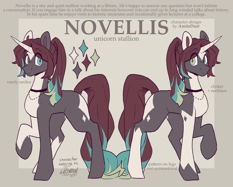 Size: 2500x2000 | Tagged: safe, artist:lionbun, derpibooru import, oc, oc:novellis, pony, unicorn, choker, fancy, image, jewelry, male, necklace, png, ponytail, reference sheet, sketch, stallion