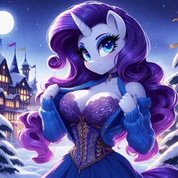 Size: 1024x1024 | Tagged: suggestive, ai content, derpibooru import, machine learning generated, rarity, anthro, beautiful, big breasts, blushing, bra, breasts, busty rarity, choker, cleavage, clothes, corset, female, g4, generator:dall-e 3, image, jpeg, lace underwear, looking at you, moon, skirt, smiling, snow, solo, solo female, stars, stupid sexy rarity, sweater, underwear, village, winter, winter outfit