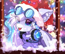 Size: 3594x3014 | Tagged: safe, alternate version, artist:airiniblock, derpibooru import, oc, oc:skydrive, unofficial characters only, pegasus, pony, alternate character, big ears, chest fluff, christmas, christmas lights, cute, ear fluff, eye clipping through hair, eyebrows, eyebrows visible through hair, female, hat, headphones, high res, holiday, image, mare, open mouth, open smile, pegasus oc, png, santa hat, smiling, snow, snowfall, solo, teeth, window, wings, winter