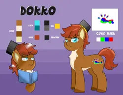Size: 3980x3080 | Tagged: safe, artist:reinbou, derpibooru import, oc, oc:dokko, earth pony, pony, cutie mark, glasses, hat, image, male, png, reference sheet, simple background, solo