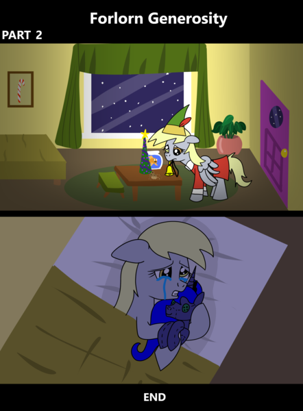 Size: 1920x2608 | Tagged: safe, artist:platinumdrop, derpibooru import, derpy hooves, princess luna, alicorn, fish, goldfish, pegasus, pony, comic:forlorn generosity, 2 panel comic, alone, bed, bedroom, bell, blanket, candy, candy cane, chair, christmas, christmas ornaments, christmas tree, closed door, clothes, comic, commission, costume, crying, cuddling, depressed, dimly lit, door, elf costume, elf hat, feathered hat, female, fish bowl, fishbowl, floppy ears, food, front door, furniture, g4, hat, hearth's warming, holiday, image, indoors, jewelry, mare, mouth hold, muffin, necklace, ornaments, outfit, painting, pet, pet fish, picture frame, plant, plushie, png, potted plant, sad, snow, snowfall, solo, table, tears of sadness, toy, tree, wall of tags, water, window, wings, wings down, winter