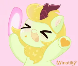 Size: 4616x3930 | Tagged: safe, artist:winstiky, derpibooru import, oc, unofficial characters only, kirin, blush lines, blushing, eyes closed, heart, heart mark, hoof heart, horn, image, kirin oc, open mouth, open smile, png, smiling, solo, underhoof