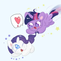 Size: 5000x5000 | Tagged: safe, artist:winstiky, derpibooru import, rarity, twilight sparkle, twilight sparkle (alicorn), alicorn, pony, unicorn, blushing, duo, duo female, exclamation point, female, flying, g4, heart, image, lesbian, looking at each other, looking at someone, mare, one eye closed, open mouth, open smile, png, pounce, ship:rarilight, shipping, simple background, smiling, speech bubble, spread wings, stars, tail, wings, wink