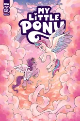 Size: 1000x1518 | Tagged: safe, artist:rose bousamra, derpibooru import, idw, official, pipp petals, zipp storm, pegasus, pony, g5, spoiler:g5comic20, cloud, colored wings, comic cover, concave belly, duo, female, flying, hoof fluff, hoof heart, image, jpeg, large wings, looking at each other, looking at someone, mare, multicolored wings, my little pony logo, official comic, outdoors, royal sisters (g5), siblings, sisters, sky, text, underhoof, unshorn fetlocks, upside-down hoof heart, wings