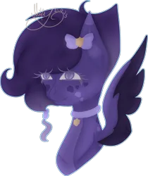 Size: 2858x3403 | Tagged: safe, artist:thecommandermiky, derpibooru import, oc, oc:miky command, unofficial characters only, pegasus, pony, bow, bust, collar, female, hair bow, image, lineless, mare, pegasus oc, png, purple eyes, purple hair, purple mane, short hair, short mane, simple background, solo, spots, spread wings, transparent background, wings