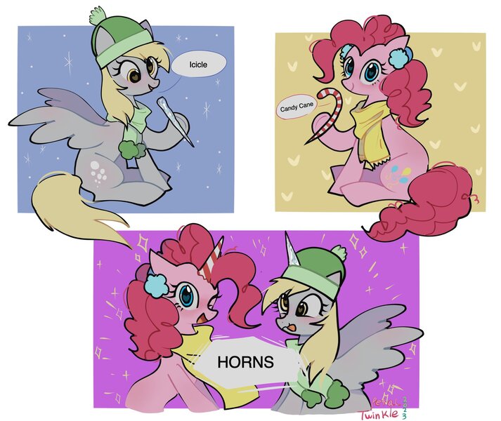 Size: 2048x1723 | Tagged: safe, artist:petaltwinkle, derpibooru import, derpy hooves, pinkie pie, earth pony, pegasus, pony, candy, candy cane, clothes, comic, cute, derpabetes, dialogue, diapinkes, duo, earmuffs, fake horn, female, food, hat, heart, heart eyes, hoof hold, icicle, image, jpeg, looking at you, mare, one eye closed, open mouth, open smile, scarf, simple background, smiling, smiling at you, snow, snowfall, speech bubble, spread wings, tongue out, white background, wingding eyes, wings, wink, winking at you