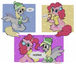 Size: 2048x1723 | Tagged: safe, artist:petaltwinkle, derpibooru import, derpy hooves, pinkie pie, earth pony, pegasus, pony, candy, candy cane, clothes, comic, cute, derpabetes, dialogue, diapinkes, duo, earmuffs, fake horn, female, food, hat, heart, heart eyes, hoof hold, icicle, image, jpeg, looking at you, mare, one eye closed, open mouth, open smile, scarf, simple background, smiling, smiling at you, snow, snowfall, speech bubble, spread wings, tongue out, white background, wingding eyes, wings, wink, winking at you