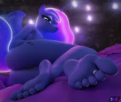 Size: 2560x2160 | Tagged: suggestive, artist:shadowboltsfm, derpibooru import, princess luna, alicorn, anthro, plantigrade anthro, 3d, barefoot, beautisexy, blender, clothes, feet, female, fetish, foot fetish, foot focus, glow, glowing mane, glowing tail, high res, image, jewelry, looking at you, not sfm, panties, png, sexy, smiling, soles, solo, tail, toe ring, toes, underwear