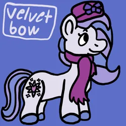 Size: 750x750 | Tagged: safe, artist:mintwhistle, derpibooru import, earth pony, pony, g3, blue background, bow, clothes, colored hooves, female, hat, image, mare, medibang paint, png, scarf, side view, simple background, smiling, solo, tail, two toned mane, two toned tail, unshorn fetlocks, velvet bow