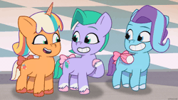 Size: 1920x1080 | Tagged: safe, derpibooru import, screencap, earth pony, pegasus, unicorn, g5, my little pony: tell your tale, spoiler:g5, spoiler:my little pony: tell your tale, spoiler:tyts01e70, animated, gif, glory (g5), image, peach fizz, pippsqueak trio, seashell (g5), snow business like show business
