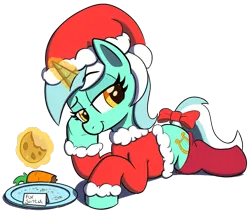 Size: 811x701 | Tagged: safe, artist:maretian, ponerpics import, lyra heartstrings, pony, unicorn, bow, carrot, christmas, clothes, cookie, costume, female, food, hat, holiday, image, lidded eyes, lying down, mare, png, raised eyebrow, santa costume, santa hat, socks, tail bow