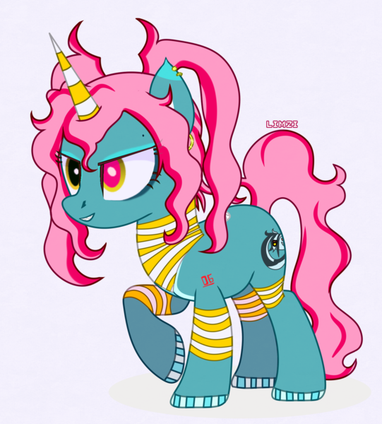 Size: 1377x1526 | Tagged: safe, artist:limzi, derpibooru import, oc, oc:nightring, unofficial characters only, alien, alien pony, pony, unicorn, commission, ear piercing, earring, eyeshadow, female, grin, heterochromia, image, jewelry, lipstick, makeup, mare, markings, piercing, png, raised hoof, smiling, solo, tattoo, unshorn fetlocks