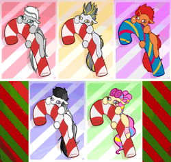 Size: 1500x1418 | Tagged: safe, artist:witchtaunter, derpibooru import, oc, unofficial characters only, earth pony, pegasus, pony, unicorn, animated, biting, candy, candy cane, christmas, commission, drool, faic, food, gif, holiday, image, loop, ych result, your character here