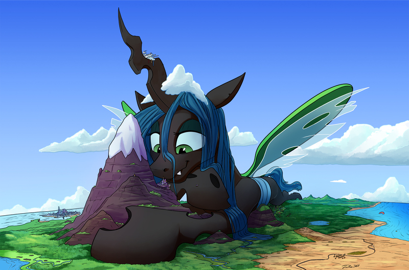 Size: 2000x1320 | Tagged: safe, artist:tsitra360, derpibooru import, queen chrysalis, changeling, changeling queen, canterlot, cloudsdale, commission, fanfic art, female, g4, image, jpeg, macro, solo