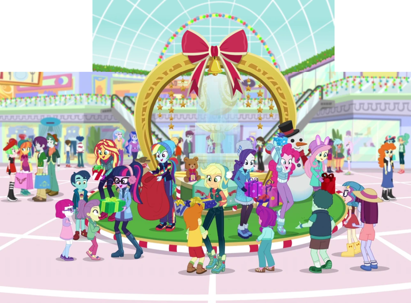 Size: 1000x738 | Tagged: safe, derpibooru import, edit, edited screencap, editor:incredibubbleirishguy, screencap, applejack, fluttershy, pinkie pie, princess celestia, princess luna, rainbow dash, rarity, sci-twi, sunset shimmer, twilight sparkle, watermelody, human, equestria girls, equestria girls series, holidays unwrapped, spoiler:eqg series (season 2), bell, bow, canterlot mall, children, christmas, christmas decoration, christmas lights, christmas presents, decoration, escalator, female, fountain, garland, holiday, humane five, humane seven, humane six, image, kids, lily pad (g4), male, mall, plushie, png, present, principal celestia, snowman, teddy bear, teenager, toys for kids festival, vice principal luna, winter break-in