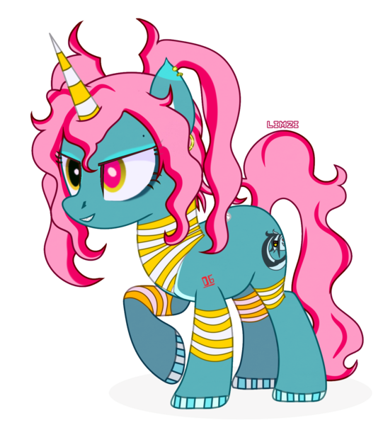 Size: 1377x1526 | Tagged: safe, artist:limzi, derpibooru import, oc, oc:nightring, unofficial characters only, alien, alien pony, pony, unicorn, derpibooru community collaboration, 2024 community collab, commission, ear piercing, earring, eyeshadow, female, grin, heterochromia, image, jewelry, lipstick, makeup, mare, markings, piercing, png, raised hoof, simple background, smiling, solo, tattoo, transparent background, unshorn fetlocks