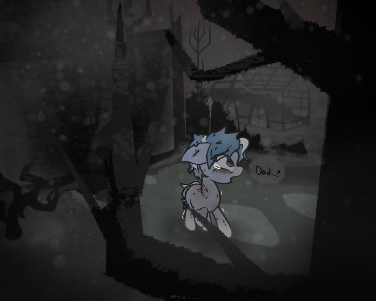 Size: 2000x1600 | Tagged: semi-grimdark, artist:yamston, derpibooru import, oc, oc:little fawn, unofficial characters only, earth pony, pony, fanfic:living the dream, 2023, abandoned, alone, ash, building, destruction, fanfic art, fanfic in the description, female, filly, foal, image, injured, messy mane, png, sad, scared, scratches, solo, speech bubble, teary eyes, tree, two toned mane