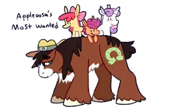 Size: 1280x800 | Tagged: safe, artist:goatpaste, derpibooru import, apple bloom, scootaloo, sweetie belle, trouble shoes, clydesdale, earth pony, pegasus, pony, unicorn, appleoosa's most wanted, season 5, cowboy hat, cutie mark crusaders, female, filly, foal, g4, group, hat, image, male, pale belly, png, ponies riding ponies, quartet, riding, simple background, smiling, stallion, unshorn fetlocks, white background