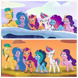 Size: 2880x2880 | Tagged: safe, derpibooru import, edit, edited screencap, screencap, hitch trailblazer, izzy moonbow, pipp petals, sunny starscout, zipp storm, alicorn, earth pony, pegasus, pony, unicorn, g5, my little pony: a new generation, my little pony: tell your tale, spoiler:g5, spoiler:my little pony: tell your tale, spoiler:tyts01e53, spoiler:tyts01e70, applejack (g5), as the misty clears, blue eyes, blue hair, cloud, collage, fluttershy (g5), green eyes, green hair, image, jpeg, looking at each other, looking at someone, looking down, looking up, mane five, mane six (g5), mane stripe sunny, misty brightdawn, pinkie pie (g5), purple hair, race swap, rainbow dash (g5), rarity (g5), rebirth misty, scared, shiny hair, snow, snow business like show business, standing up, stars, sunnycorn, sweat, turquoise eyes, twilight sparkle (g5), violet eyes, worried, yellow eyes