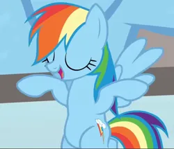 Size: 840x721 | Tagged: safe, derpibooru import, screencap, rainbow dash, pegasus, pony, fame and misfortune, cropped, eyes closed, image, open mouth, png, solo