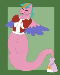 Size: 800x1000 | Tagged: safe, artist:raccoonesque, derpibooru import, oc, oc:jet raise, unofficial characters only, genie, genie pony, pegasus, pony, bottle, clothes, commission, eyes closed, floating, green background, hearth's warming, image, male, open mouth, open smile, png, simple background, smiling, solo, spread wings, stallion, sweater, wings