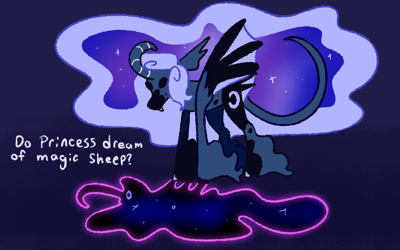 Size: 1280x800 | Tagged: safe, artist:goatpaste, derpibooru import, princess luna, tantabus, alicorn, pony, do princesses dream of magic sheep, season 5, duo, ethereal mane, ethereal tail, fangs, female, g4, hoof fluff, image, leonine tail, looking at something, looking down, mare, png, spread wings, tail, unshorn fetlocks, wings