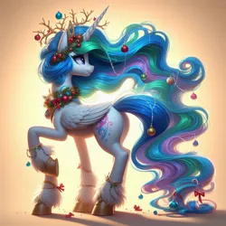 Size: 1024x1024 | Tagged: prompter needed, safe, ai content, derpibooru import, machine learning generated, princess celestia, alicorn, pony, antlers, backlighting, bauble, christmas, christmas ornament, christmas outfit, clothes, colored hooves, decoration, female, folded wings, g4, generator needed, gradient background, holiday, horn, image, jpeg, looking back, mare, raised hoof, ribbon, solo, three quarter view, unshorn fetlocks, wind, windswept mane, wings, wreath