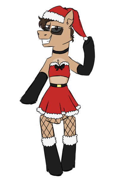 Size: 900x1300 | Tagged: safe, artist:fuckomcfuck, derpibooru import, oc, oc:all star, earth pony, pony, belt, bipedal, boots, bow, chest fluff, christmas, clothes, crossdressing, fishnets, glasses, hat, holiday, image, looking at you, male, midriff, png, santa hat, shoes, simple background, skirt, solo, stallion, sunglasses, transparent background