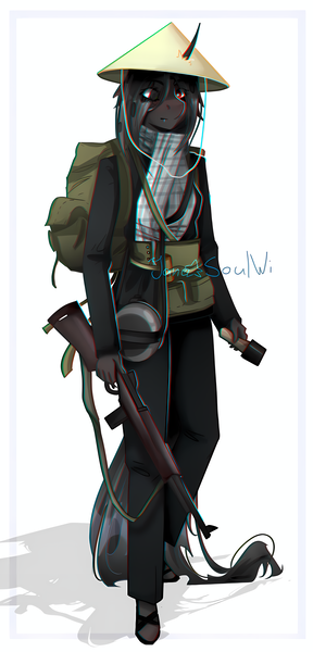Size: 3136x6544 | Tagged: artist needed, safe, derpibooru import, oc, oc:lix, unofficial characters only, anthro, changeling, anthro oc, changeling oc, female, grenade, gun, heterochromia, image, png, rifle, solo, weapon