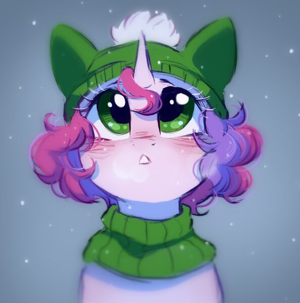 Size: 1029x1040 | Tagged: safe, artist:melodylibris, derpibooru import, oc, oc:melody (melodylibris), unofficial characters only, pony, unicorn, blushing, bust, cute, female, gradient background, hat, image, jpeg, looking up, mare, ocbetes, snow, snowfall, solo