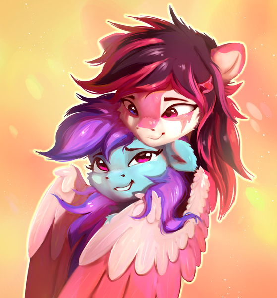 Size: 2011x2160 | Tagged: safe, artist:itssim, derpibooru import, oc, oc:lunylin, oc:nohra, unofficial characters only, earth pony, pegasus, pony, bust, duo, duo female, earth pony oc, eyebrows, female, heterochromia, high res, hug, hug from behind, image, jpeg, mare, pegasus oc, portrait, smiling, winghug, wings