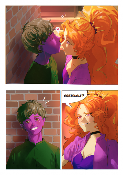 Size: 2480x3508 | Tagged: safe, artist:amazingpuffhair, derpibooru import, adagio dazzle, oc, oc:peach cobbler, comic:we will be adored, adorkable, cute, dork, image, kissing, nose kiss, png