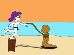 Size: 1032x774 | Tagged: safe, artist:artsytanooki, derpibooru import, rarity, equestria girls, beach, black belt, hojojutsu, image, martial artist rarity, martial arts, png, rope, sand, standing, standing on one leg, training