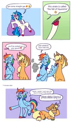 Size: 1400x2400 | Tagged: safe, artist:mokeonn, derpibooru import, applejack, rainbow dash, vinyl scratch, earth pony, pegasus, pony, unicorn, beanbag chair, bloodshot eyes, comic, dialogue, drug use, drugs, emoji, female, high, hoof hold, image, mare, png, simple background, smoking, speech bubble, trio, white background, wing hold, wings