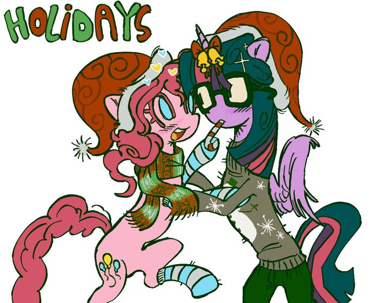 Size: 1253x990 | Tagged: safe, artist:leechdiety, derpibooru import, pinkie pie, twilight sparkle, twilight sparkle (alicorn), alicorn, earth pony, pony, bow, candy, candy cane, christmas, clothes, female, food, g4, glasses, hat, holiday, horn, horn bow, image, jpeg, lesbian, santa hat, scarf, shipping, sweater, twinkie
