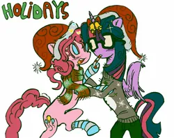 Size: 1253x990 | Tagged: safe, artist:leechdiety, derpibooru import, pinkie pie, twilight sparkle, twilight sparkle (alicorn), alicorn, earth pony, pony, bow, candy, candy cane, christmas, clothes, female, food, g4, glasses, hat, holiday, horn, horn bow, image, jpeg, lesbian, santa hat, scarf, shipping, sweater, twinkie