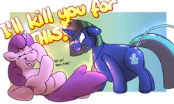 Size: 1500x900 | Tagged: safe, artist:rawr, derpibooru import, oc, oc:crystal shard, oc:windy rivers, unofficial characters only, balloon pony, inflatable pony, pony, unicorn, angry, crying, dialogue, floppy ears, image, inflatable, inflation, laughing, lying down, on back, png, tears of laughter, water balloon