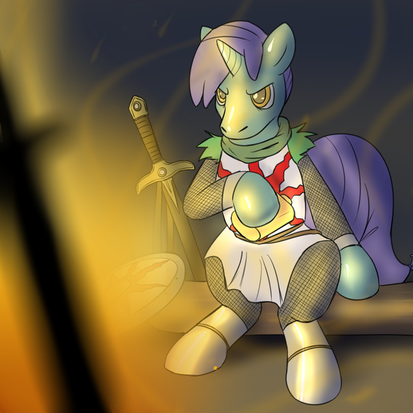 Size: 1200x1200 | Tagged: safe, artist:rawr, derpibooru import, oc, oc:circuit board, unofficial characters only, balloon pony, inflatable pony, unicorn, crossover, dark souls, determined, flask, hoof hold, image, inflatable, png, sitting, solaire of astora, solo, sword, weapon