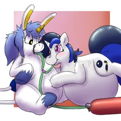 Size: 1200x1200 | Tagged: safe, artist:rawr, derpibooru import, oc, oc:inkwell, unofficial characters only, balloon pony, classical unicorn, inflatable pony, unicorn, air tank, balloon, cloven hooves, duo, horn, image, inflatable, inflation, leonine tail, looking at each other, looking at someone, png, pool toy, sitting, unshorn fetlocks