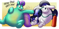 Size: 1600x800 | Tagged: safe, artist:rawr, derpibooru import, oc, oc:circuit board, oc:inkwell, unofficial characters only, balloon pony, inflatable pony, unicorn, air tank, balloon, biting, dialogue, image, inflatable, inflation, png, pool toy, sitting, tail, tail bite