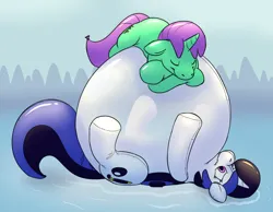 Size: 1350x1050 | Tagged: safe, artist:rawr, derpibooru import, oc, oc:circuit board, oc:inkwell, unofficial characters only, balloon pony, inflatable pony, unicorn, balloon, image, inflatable, inflation, lying down, lying on top of someone, ocean, on back, png, pool toy, sleeping, water