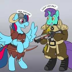 Size: 1200x1200 | Tagged: safe, artist:rawr, derpibooru import, oc, oc:circuit board, oc:sky ribbon, unofficial characters only, pegasus, pony, unicorn, armor, bipedal, bow (weapon), clothes, cosplay, costume, dialogue, duo, gun, helmet, hoof hold, image, laser rifle, png, skyrim, talking, the elder scrolls, weapon, x-com