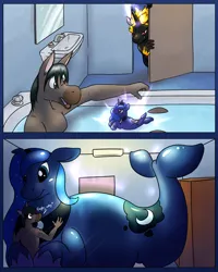 Size: 1600x2000 | Tagged: safe, artist:rawr, derpibooru import, princess luna, oc, unofficial characters only, donkey, merpony, unicorn, bathtub, furry, growth, image, inflatable, inflatable toy, macro, magic, png